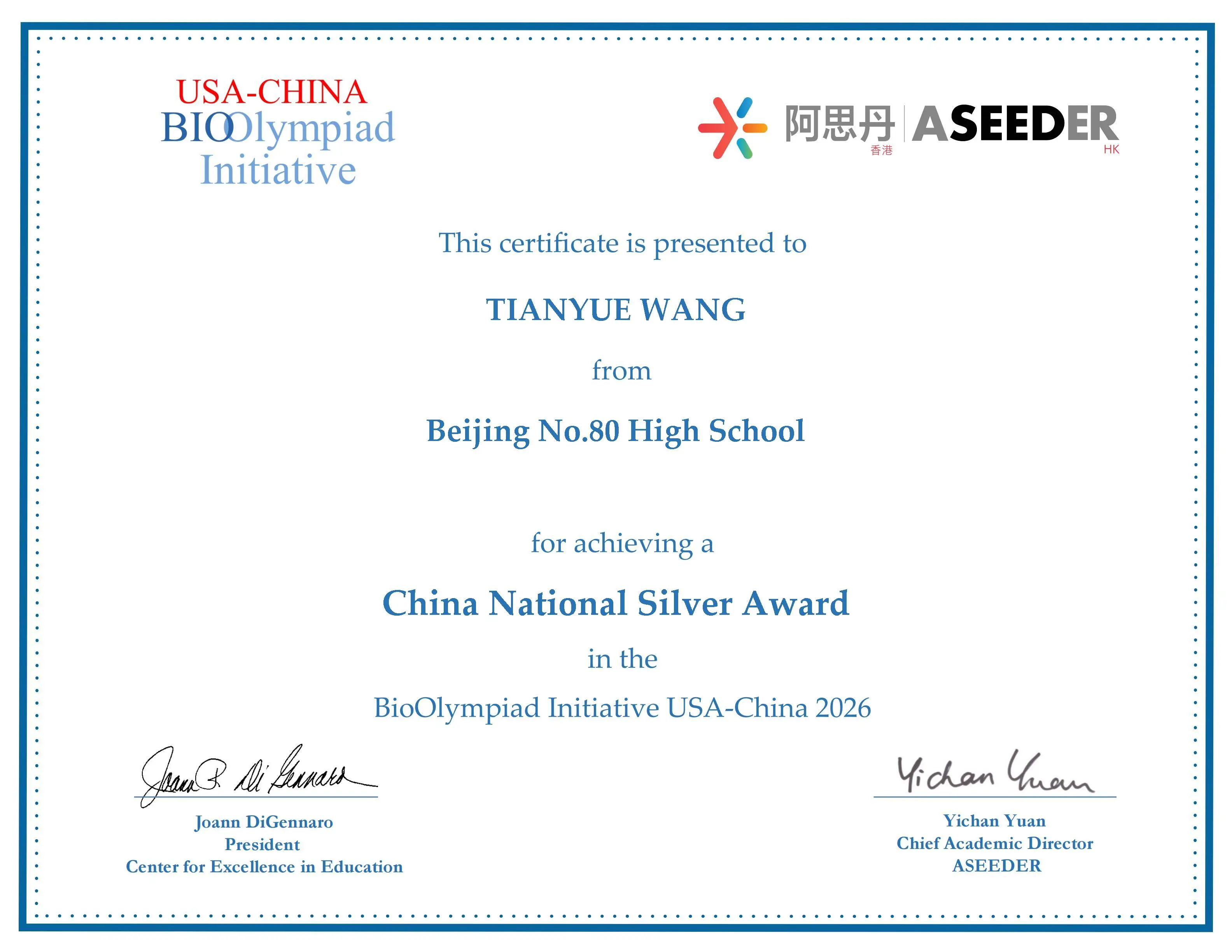 USABO Silver Award certificate